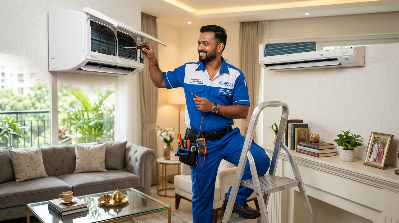 Professional HVAC Technician servicing a modern split AC indoor unit